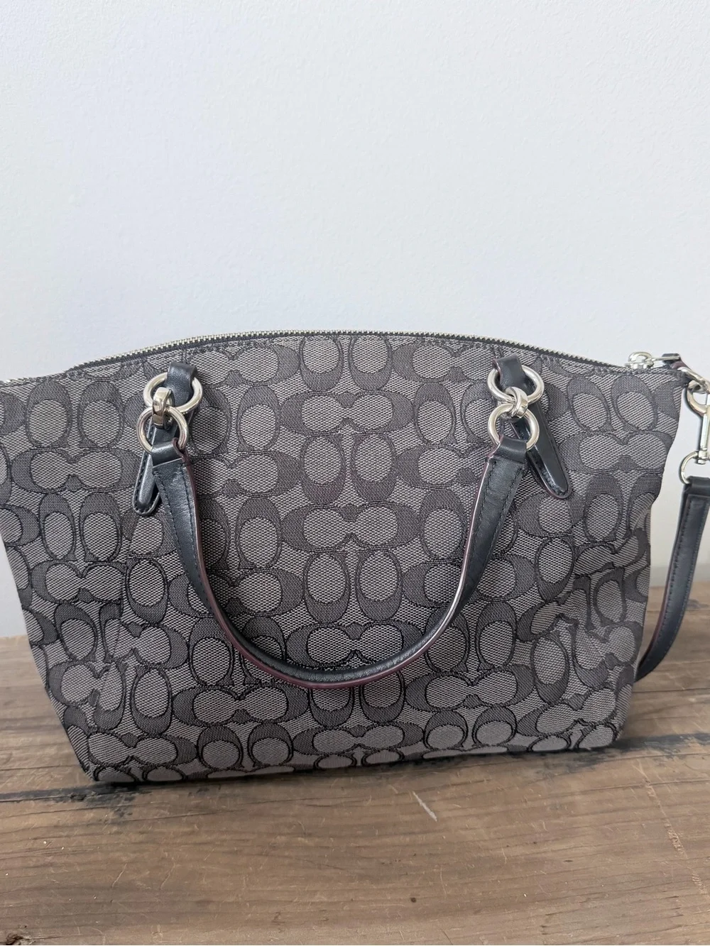 Coach Gray Signature Canvas Kelsey Satchel Bag with Black Leather Trim and Strap